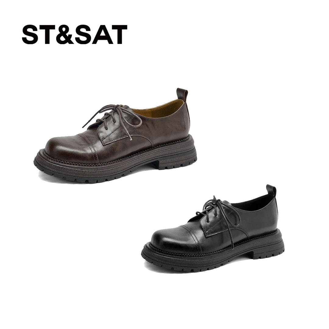 星期六24休闲女鞋春季厚底乐福鞋圆头秋季舒适系带单鞋SSC3112J1L