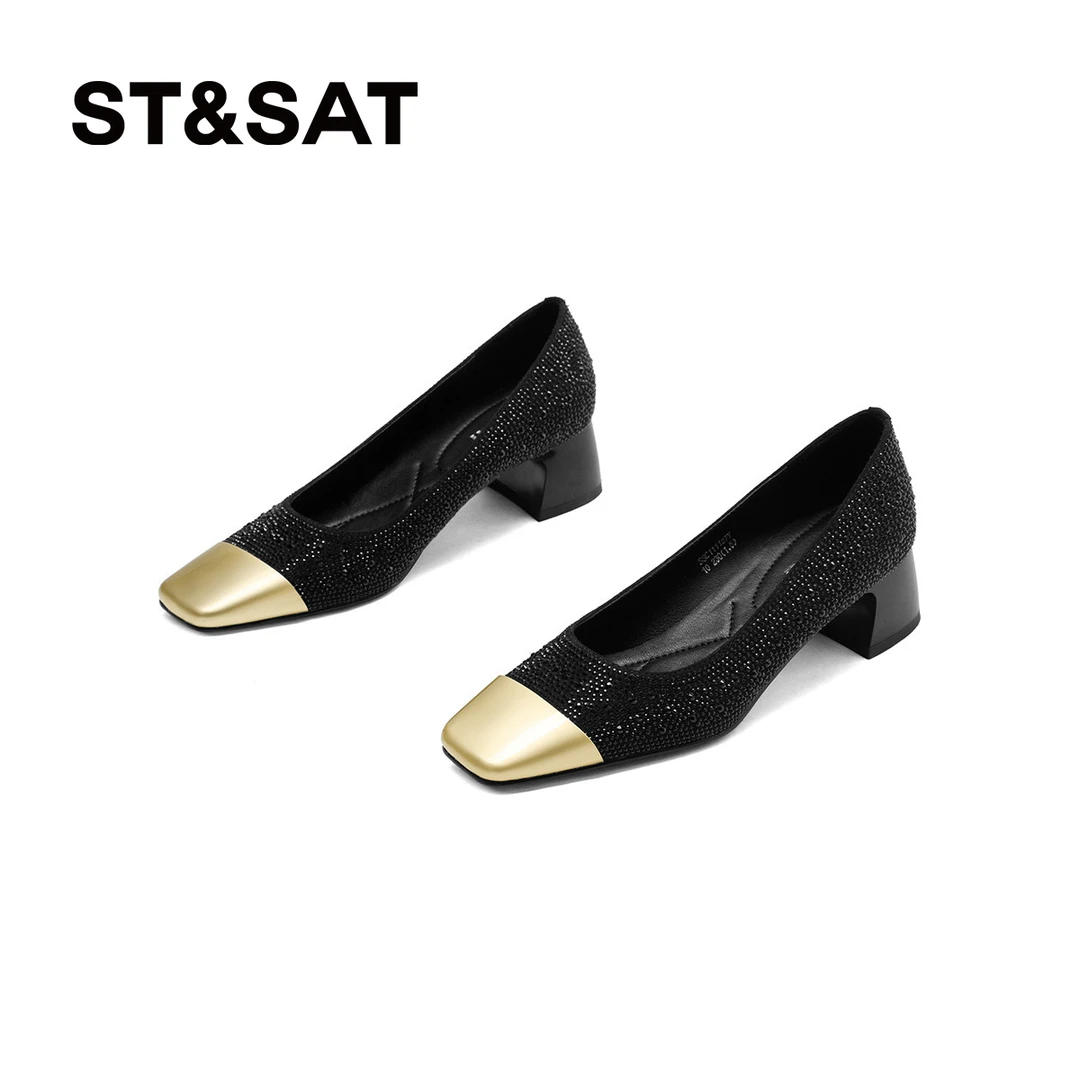 星期六粗跟单鞋水钻浅口单鞋女士方头拼色一脚蹬女鞋 SSC111127Y