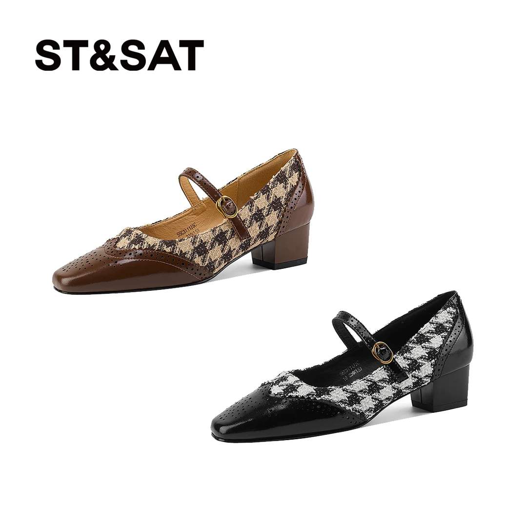 星期六气质复古港风玛丽珍女鞋百搭粗跟2024秋季方头千鸟格单鞋女