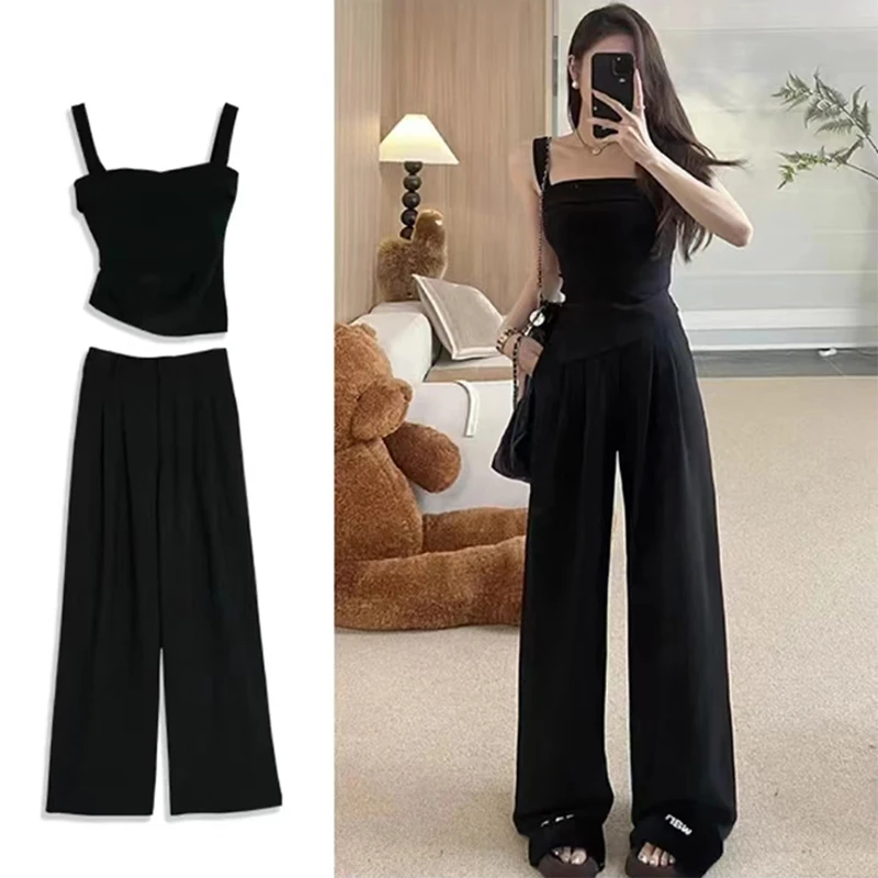 2024夏季新款高级感盐系轻熟时尚套装韩版纯色吊带垂感裤子两件套