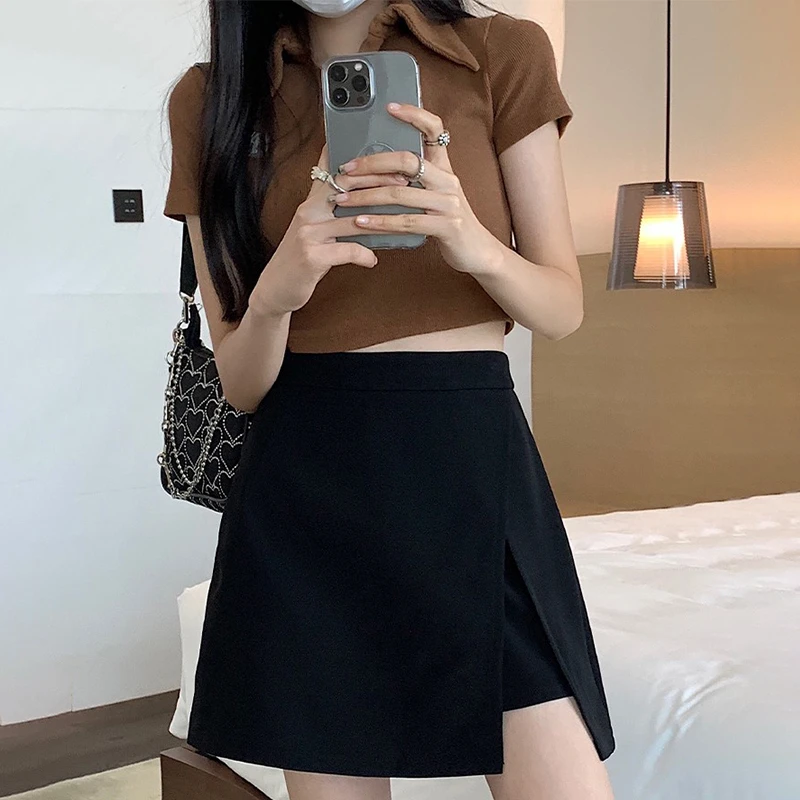 不规则a字西装半身裙子2023新款小个子开叉黑色高腰包臀短裙女夏