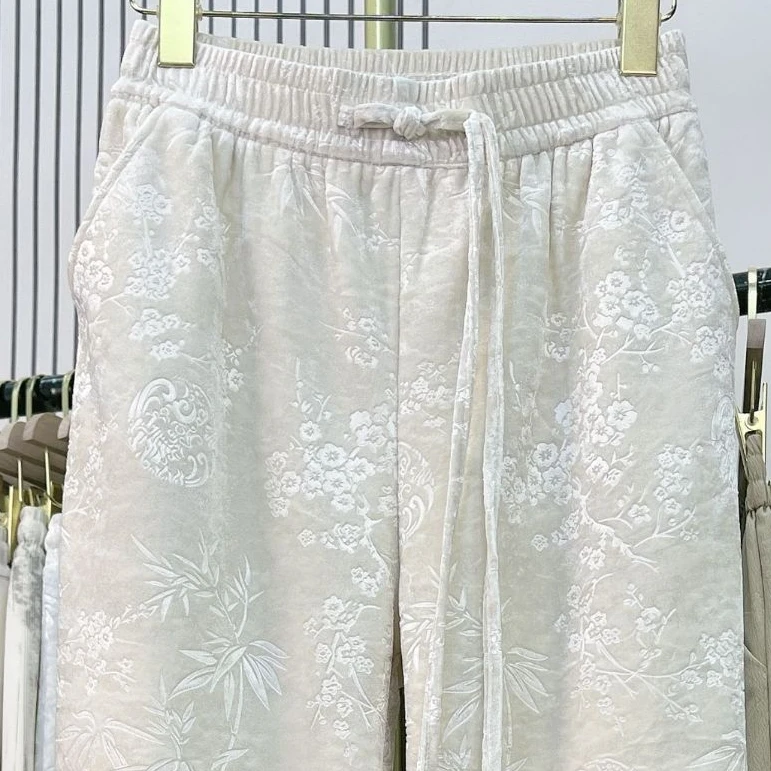 【冬季新品】新国风金钻绒富贵竹印花窄版直筒裤做工精细防风御寒