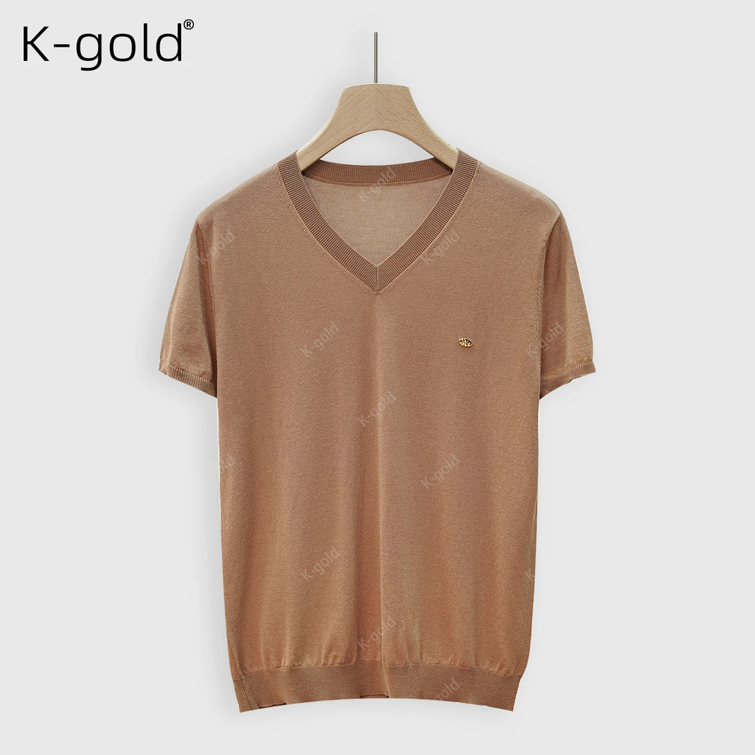 2025夏季新款桑蚕丝醋酸混纺V领短袖简约宽松百搭显瘦通勤上衣女