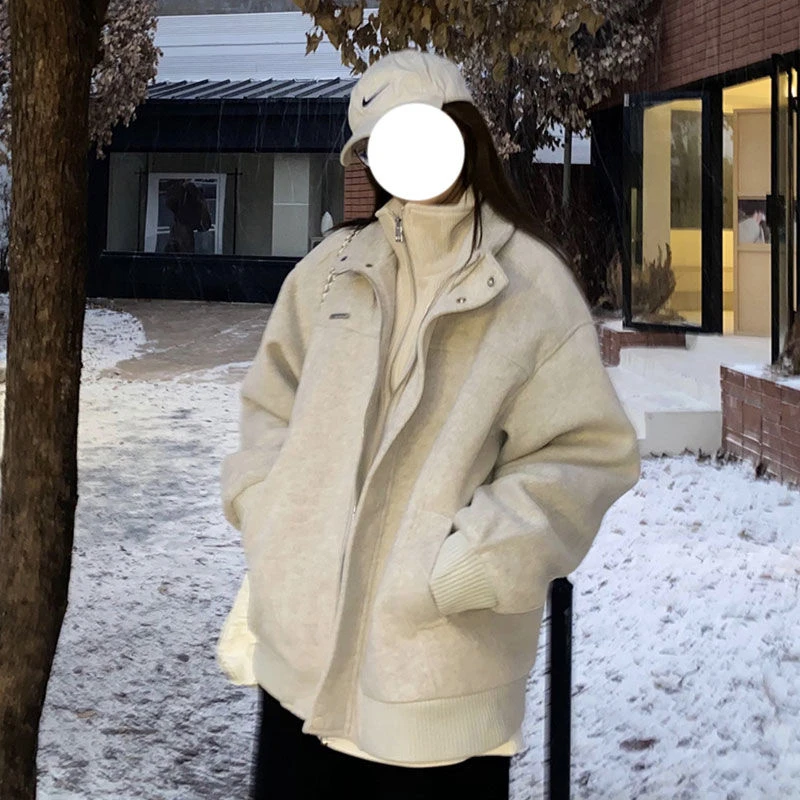 ins风秋冬新款假两件毛呢立领宽松休闲保暖外套上衣