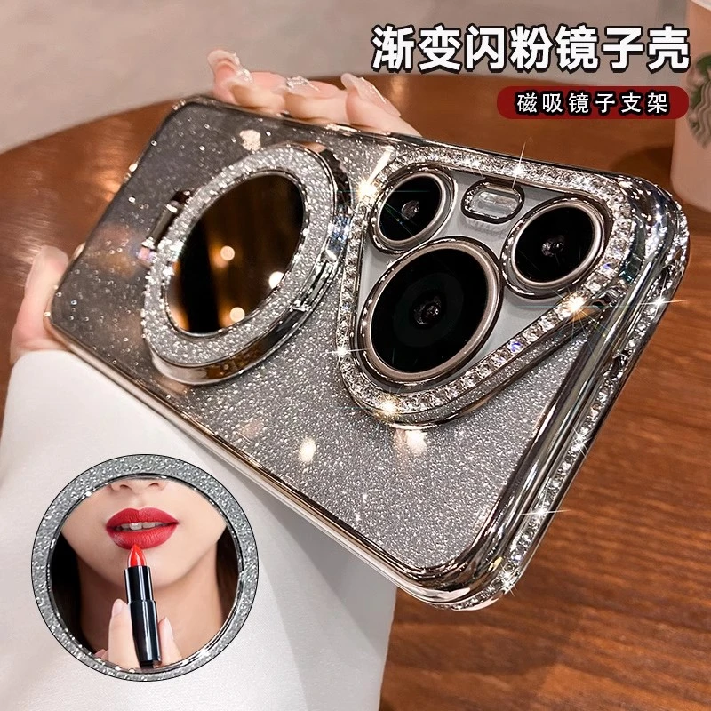 四角防摔适用华为pura80手机壳透明磁吸奢华水钻网红女款电镀硅胶