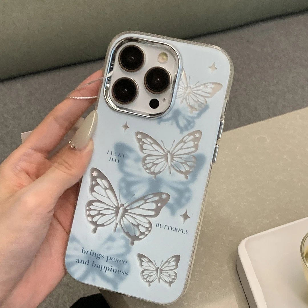 雾霾蓝蝴蝶苹果14pro手机壳镜面双层银色iPhone13双层12全包防摔
