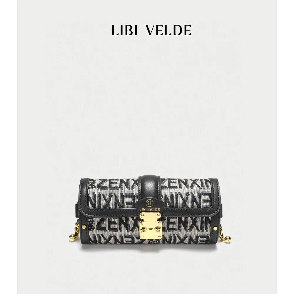 VENE HOLY轻奢复古时尚圆筒巴比龙单肩包斜跨包DL004英文黑