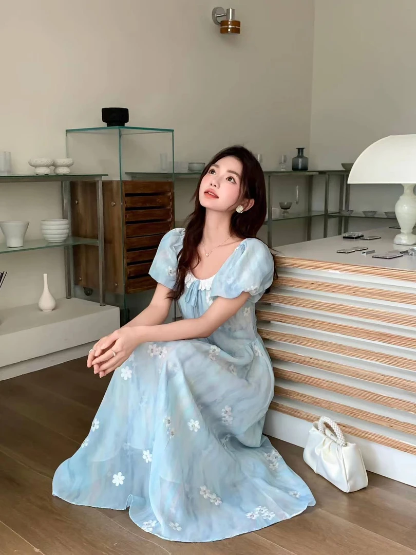 夏季裙子波点气质印花长裙纯色显瘦法式黑色连衣裙时尚碎花