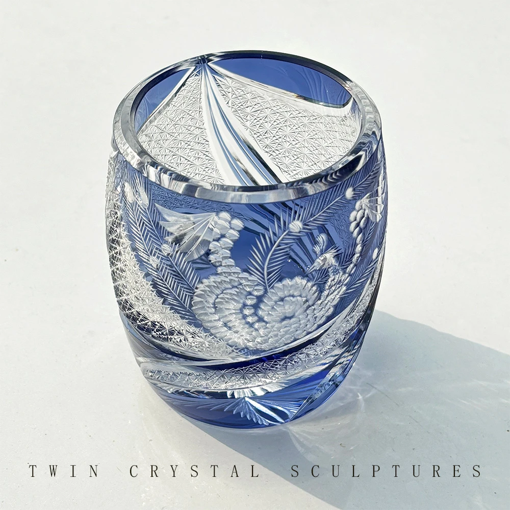 江户切子纯手工雕刻蓝色复古凤凰威士忌酒杯主人杯礼物杯