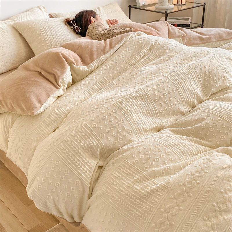 3D立体提花牛奶绒四件套加绒加厚双面绒三件套床上用品入冬神器