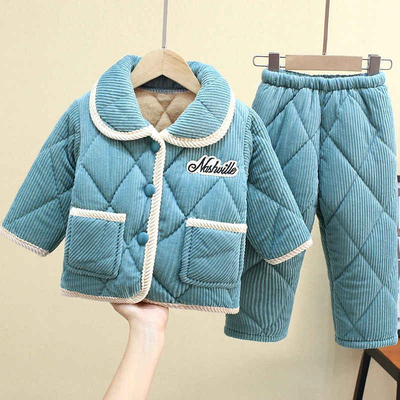 【贝比象】秋冬季儿童加厚法兰绒宝宝三层夹棉家居服