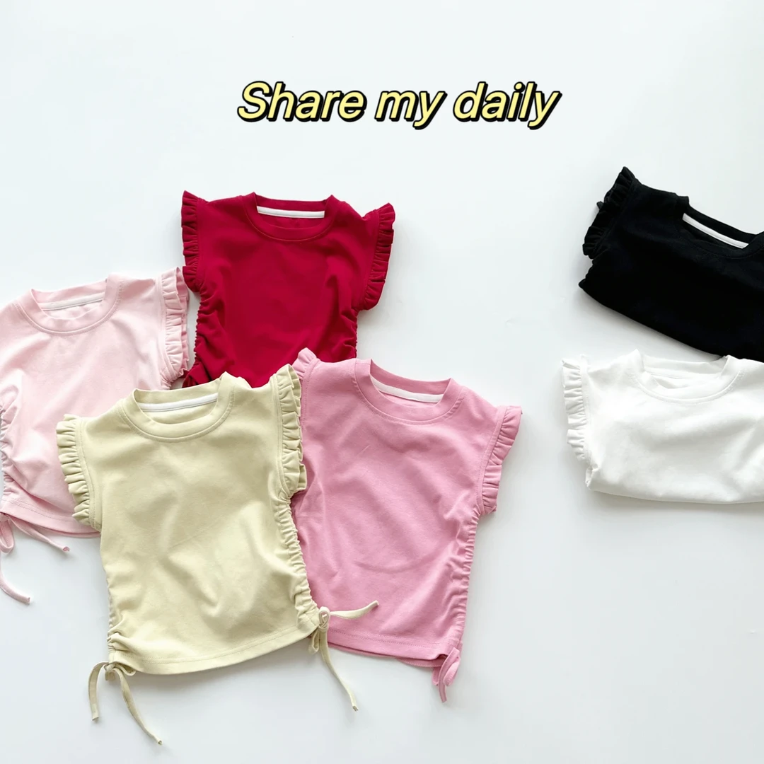 2024夏季女童抽绳上衣儿童女宝T恤装百搭小童无袖荷叶边洋气宝宝