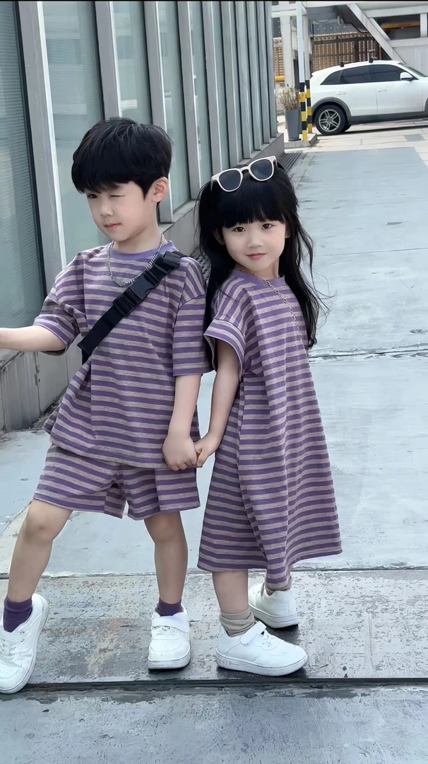 儿童套装2024新款男女童条纹短袖短裤T恤连衣裙宝宝网红兄妹装