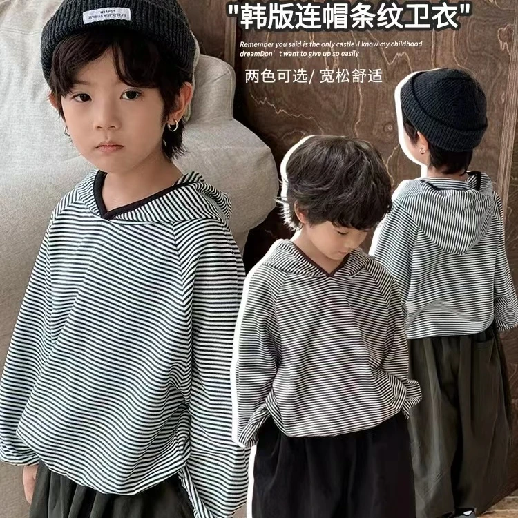 简约感 ~条纹控秋季新款男童女童拼色连帽卫衣洋气韩版儿童套头衫