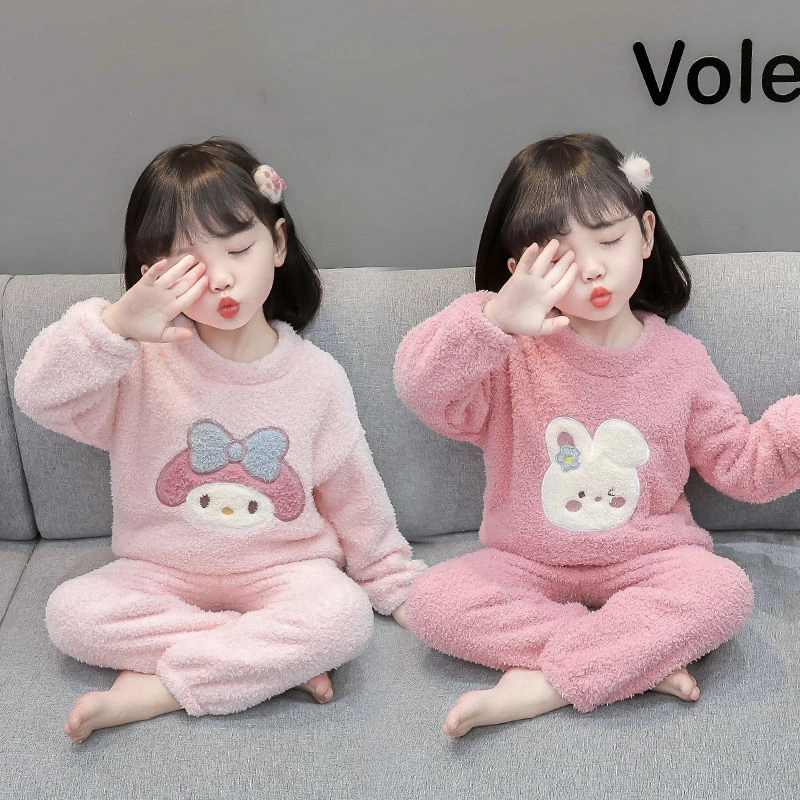 女童法兰绒睡衣秋冬季女孩宝宝冬天加绒小童冬款儿童珊瑚绒家居服