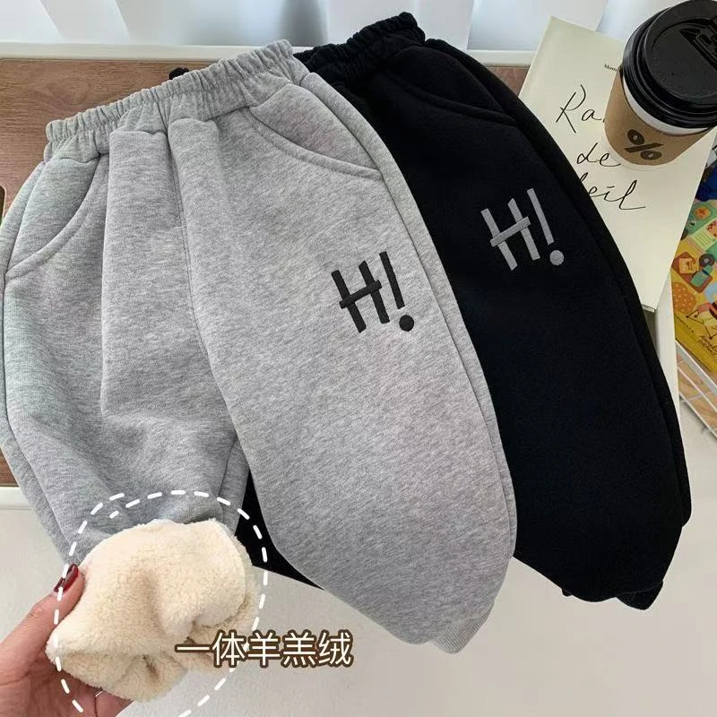 儿童加厚裤子男童冬季加绒加厚一体绒卫裤新款中小童外穿束脚裤