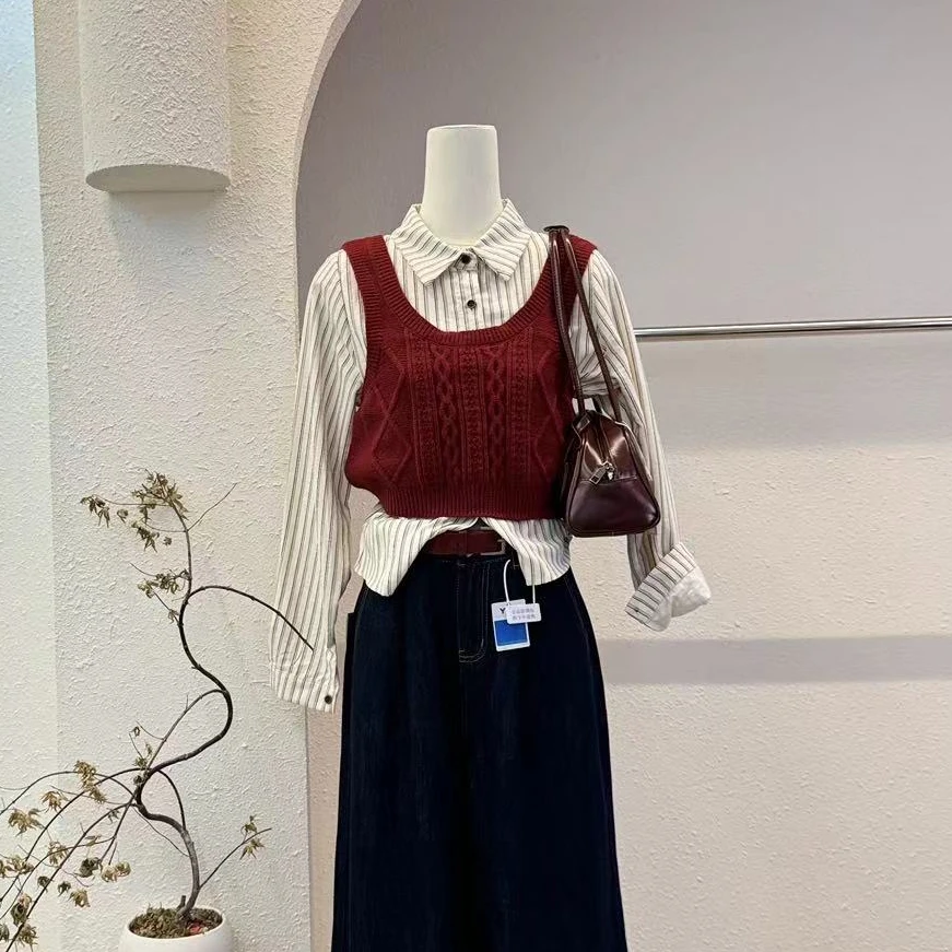 【甜美学院】竖条纹长袖衬衫+针织马甲背心两件套上衣-823