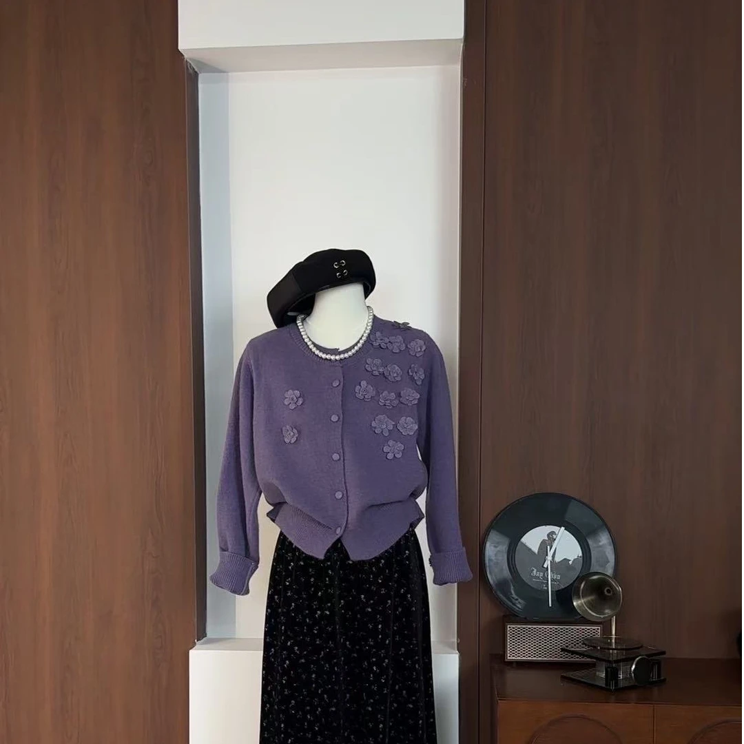 【杏花如雨】精致重工立体花朵长袖针织开衫上衣-8651