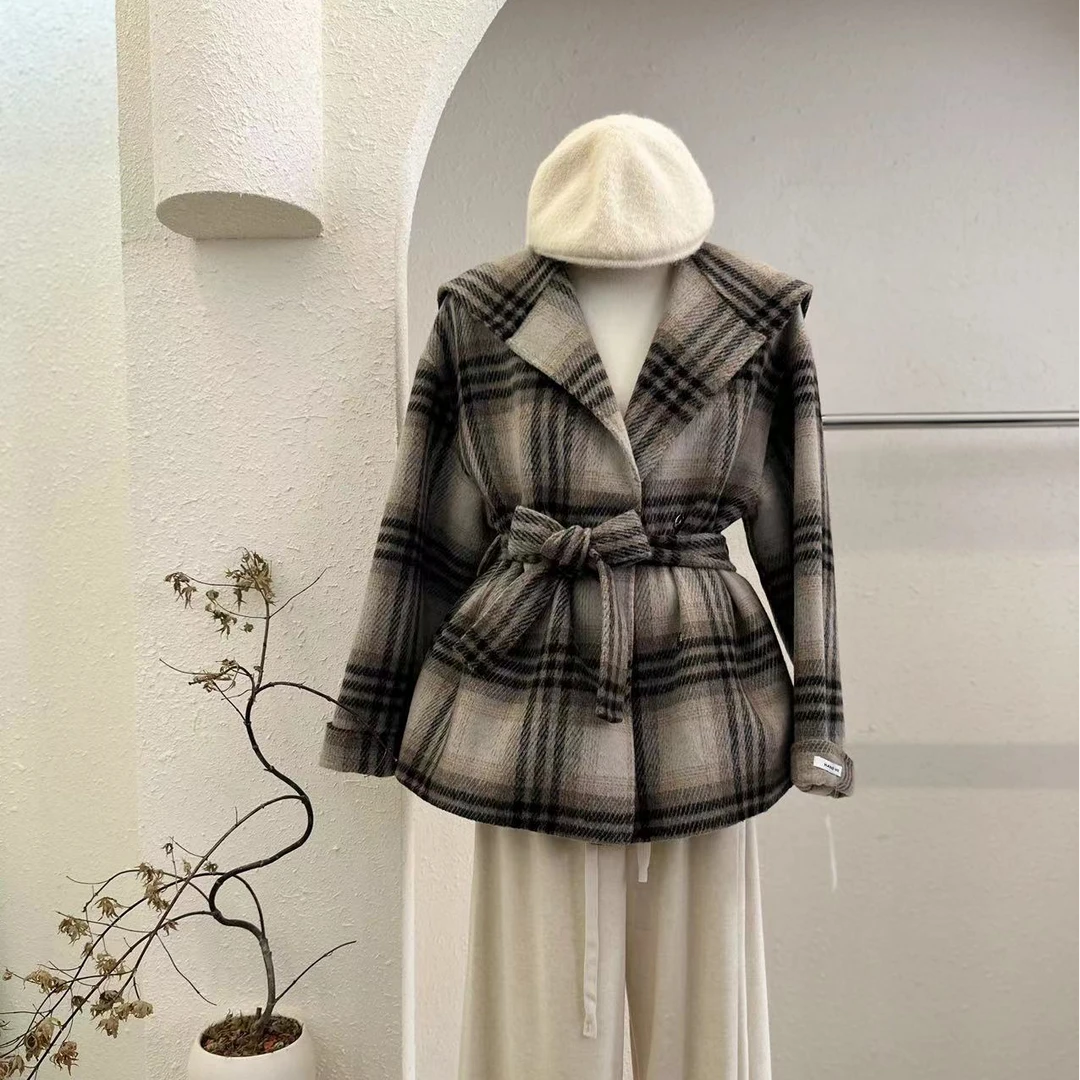 【三线格】格纹翻领高级气质大衣外套-63020-DY