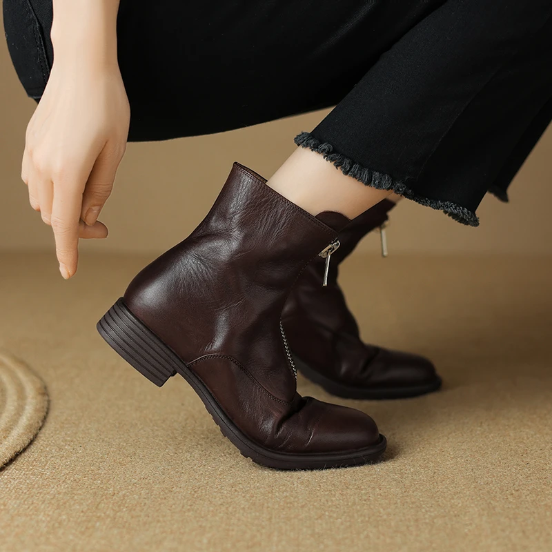 全牛皮断码清仓圆头短靴女2024秋冬新款加绒防滑粗跟英伦风短筒靴