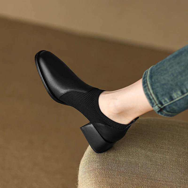 断码清仓全牛皮中跟单鞋女2025春秋新款方头粗跟飞织工作女鞋皮鞋