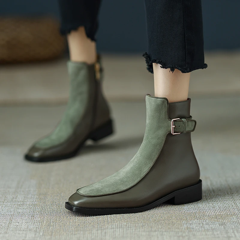 拼接百搭粗跟短靴女2024秋冬新款秀气英伦风时装靴加绒棉靴瘦瘦靴