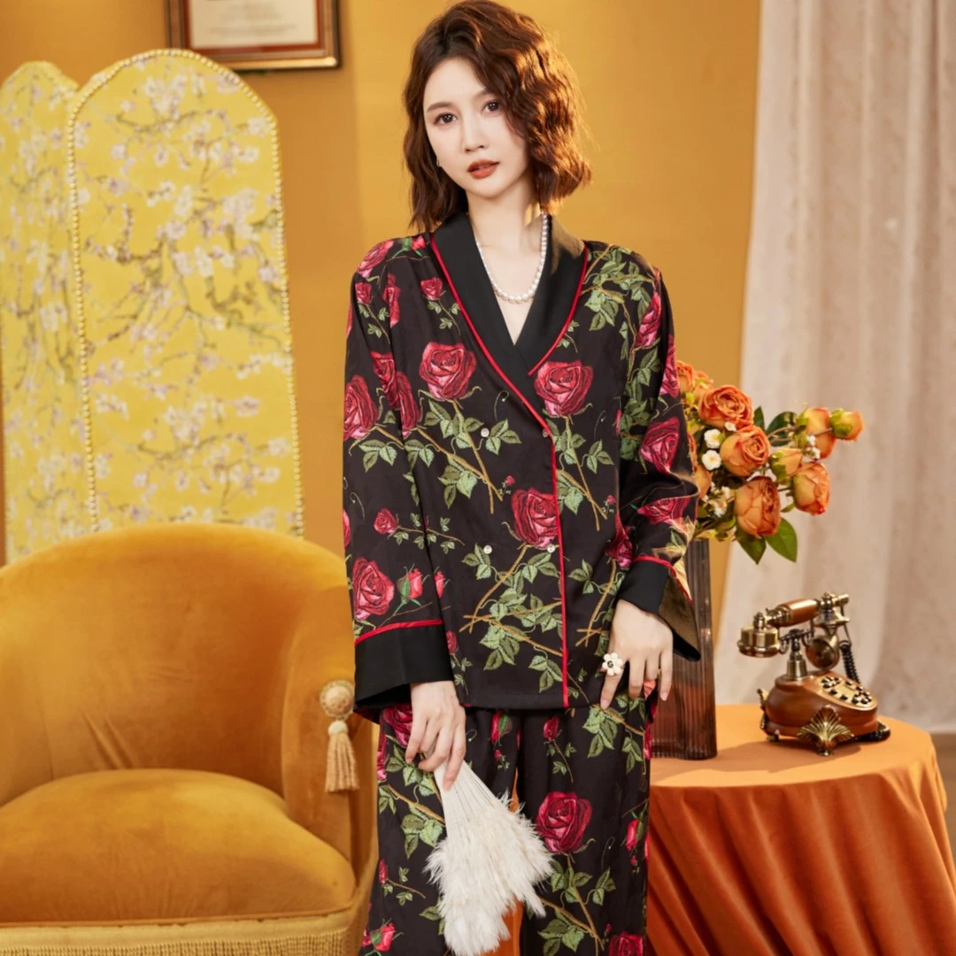 达芬奇密码黑金玫瑰可外穿长袖睡衣可外出家居服套装女款透气软丝