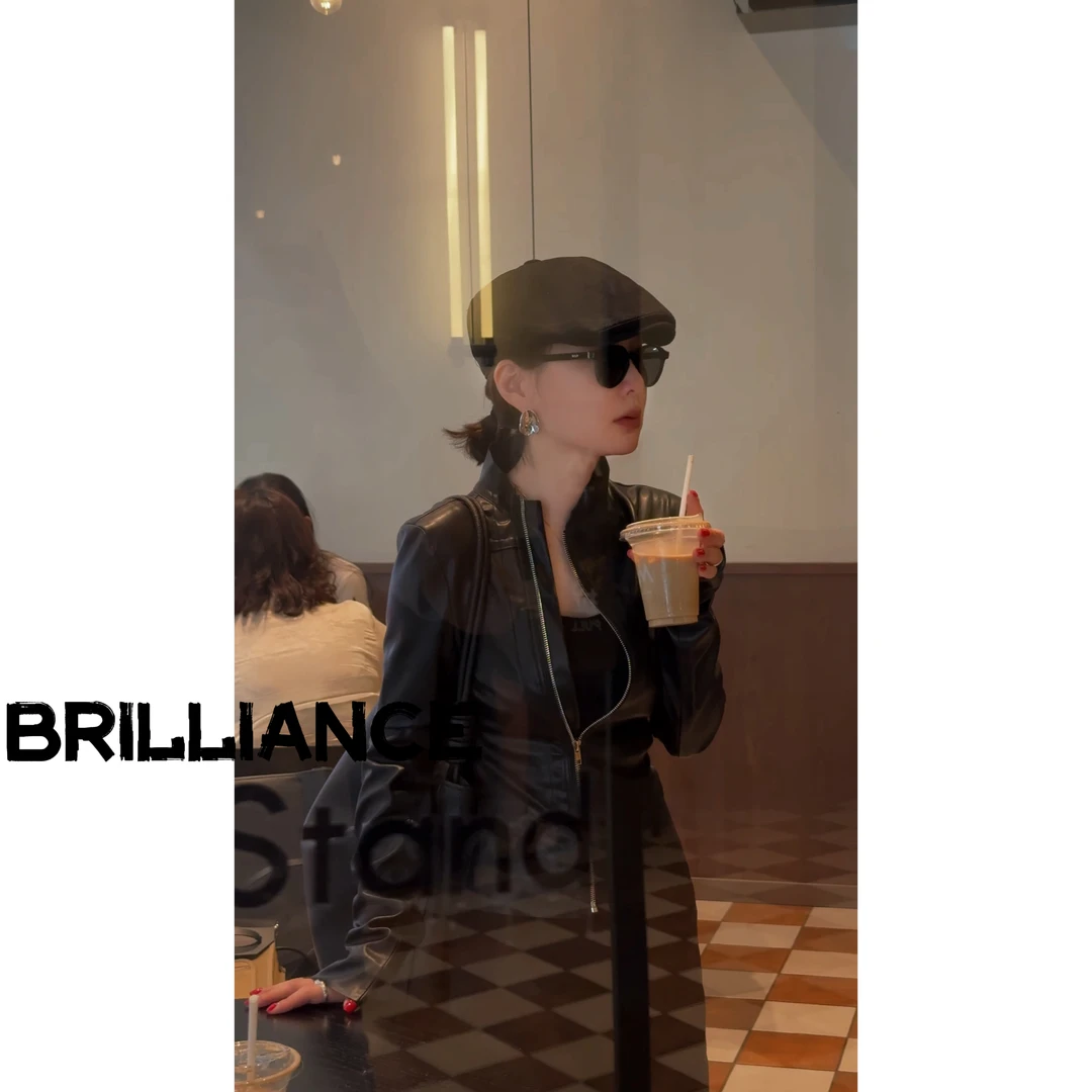 （NO退换）机车 修身 斜边拉链高领PU皮衣夹克外套