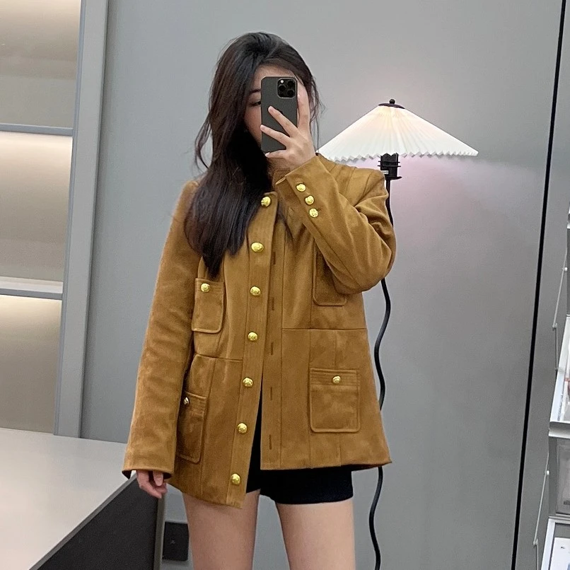 2025秋冬百搭咖啡圆领气质复古夹克外套V1126