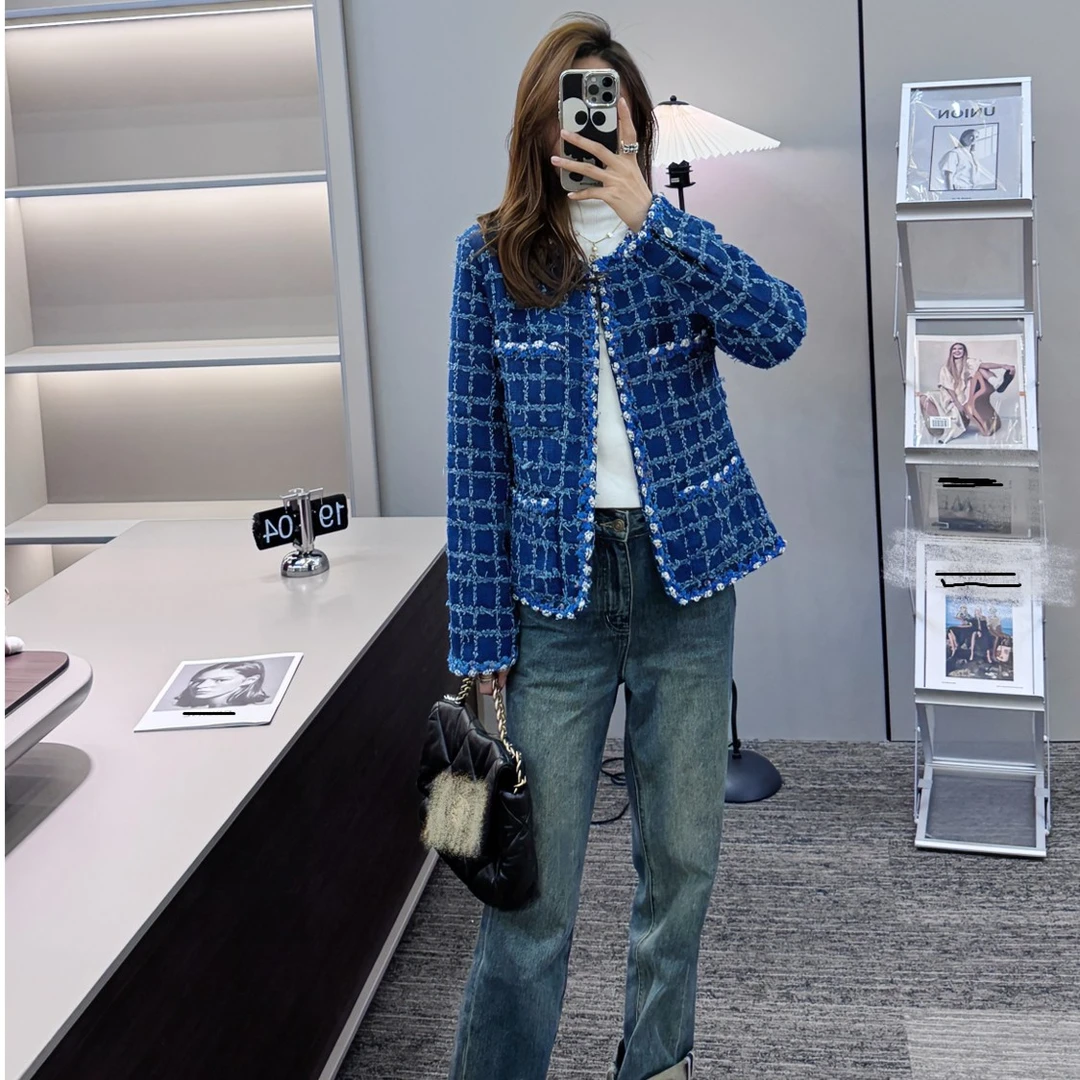 2025秋冬新款蓝色编织圆领小香外套V1139