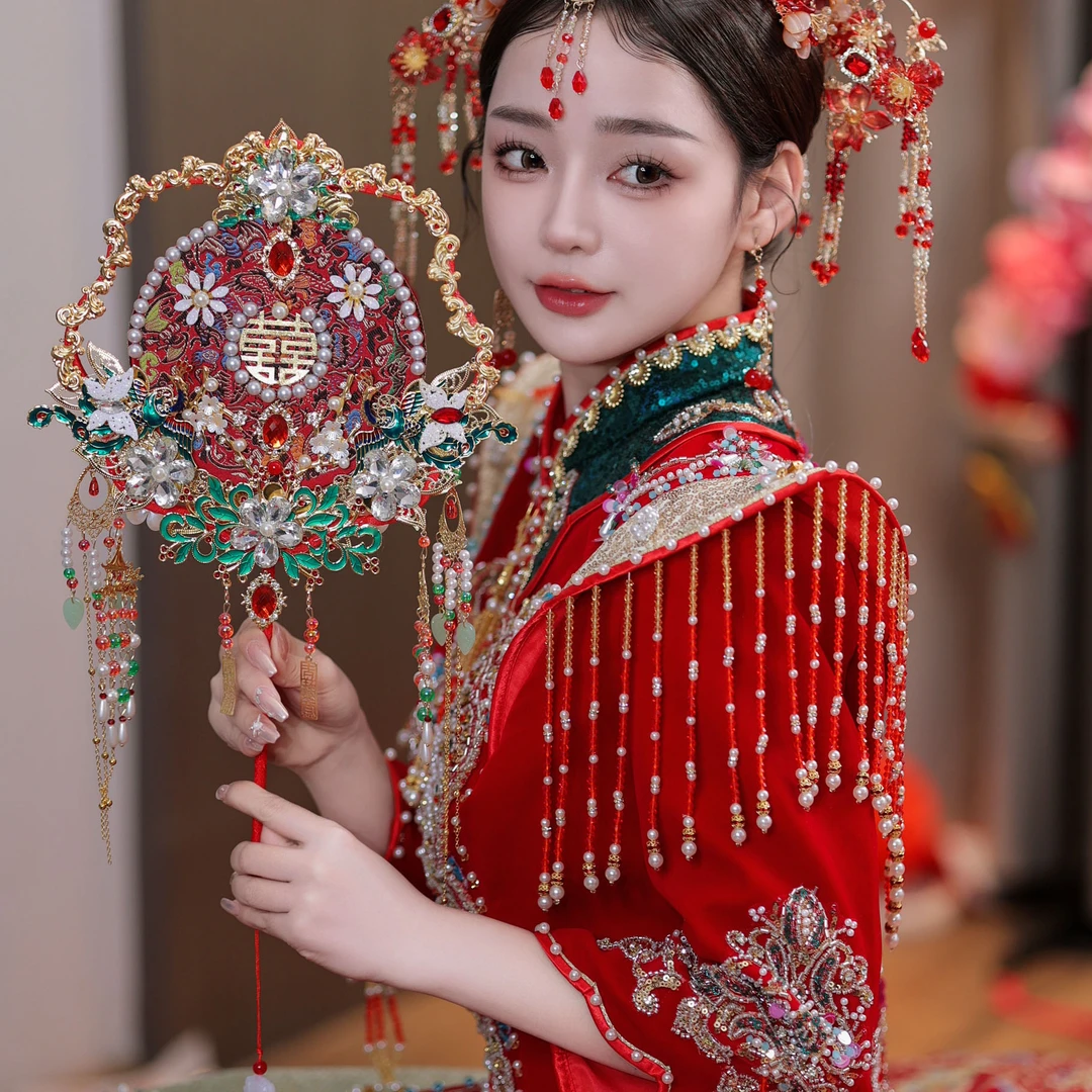 简单新娘中式秀禾服红色古风大气公主网红国风双面成品团扇9146