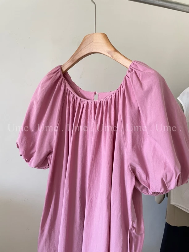 梅紫泡泡袖连衣裙宽松百搭连衣裙可收腰