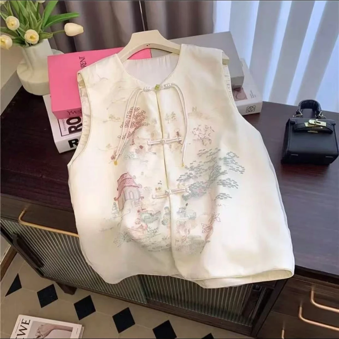 【亭台楼阁】新款气质高级感新中式国风复古刺绣盘扣圆领马甲上衣女