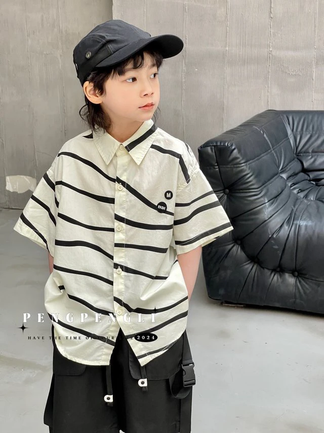 2024春夏新款中大童短袖衬衫夏季韩版休闲百搭潮酷