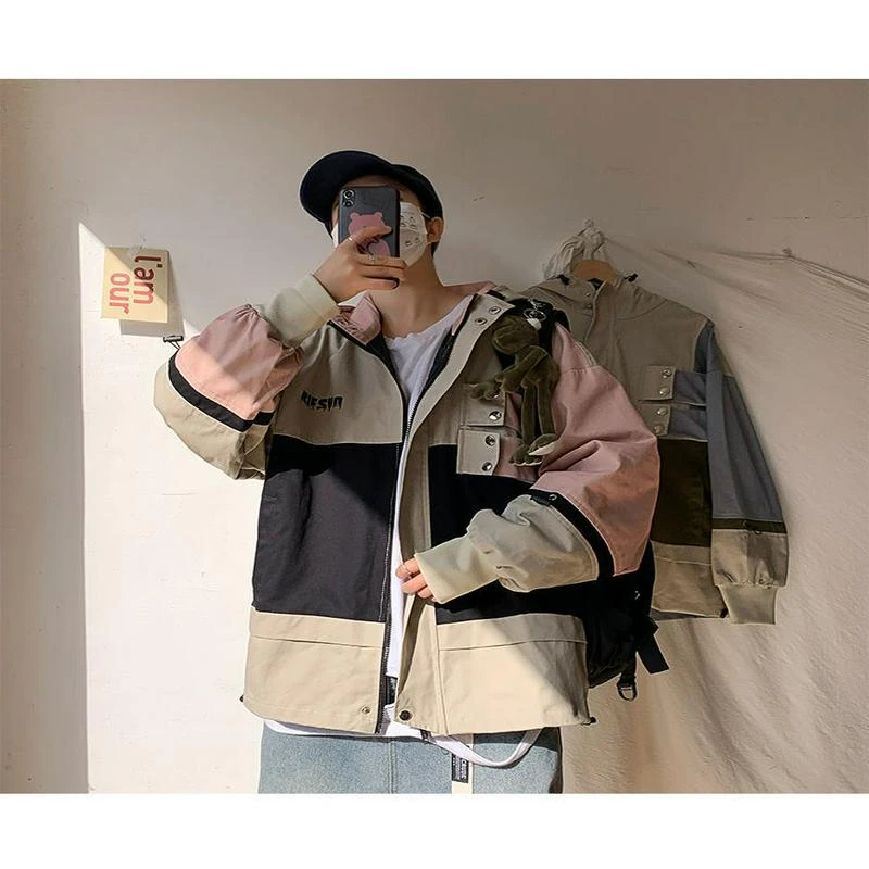 秋季港风ins拼色连帽夹克外套男生韩版青少年潮流嘻哈机能风上衣