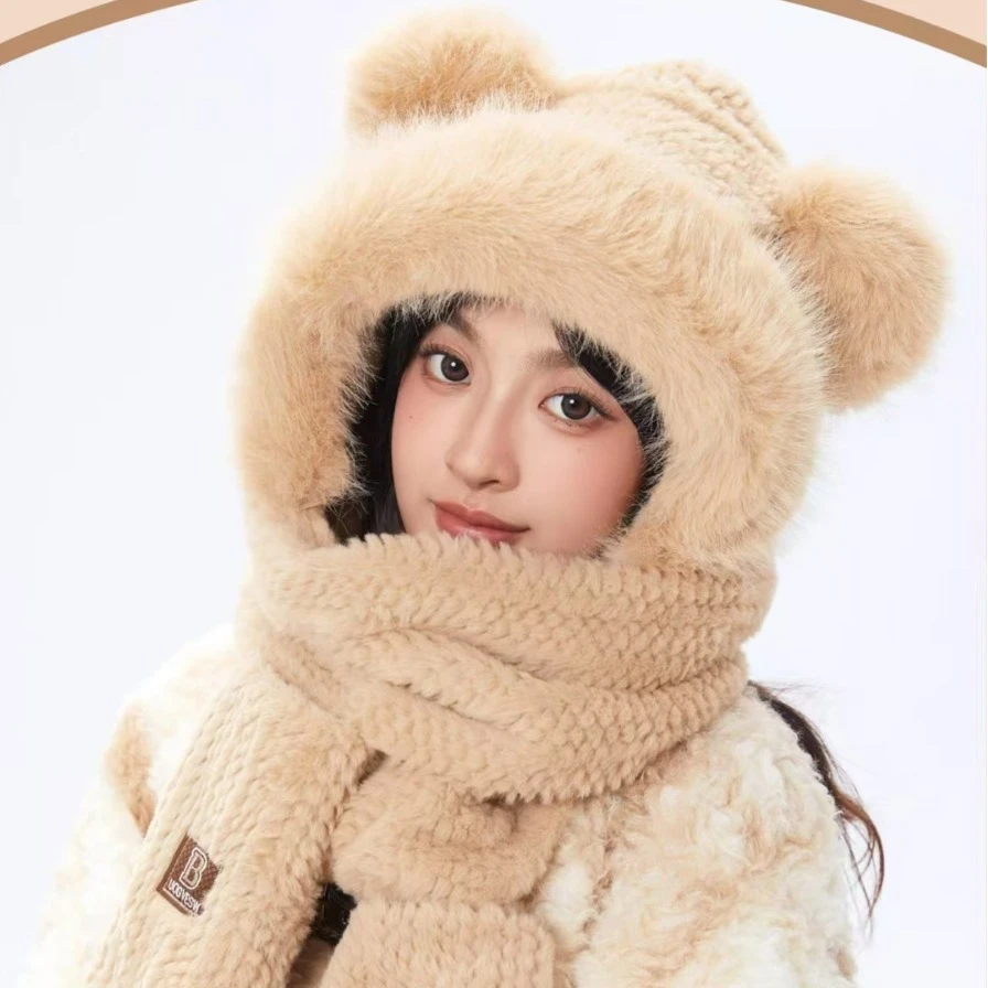 2024冬季新款小熊帽可爱保暖加厚围巾一体护耳帽三件套