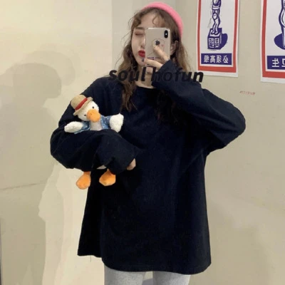 黑色圆领长袖T恤oversize上衣女春秋款2024新款休闲宽松印花衣服