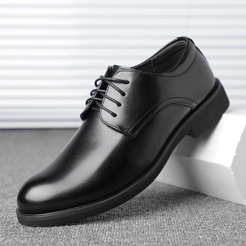 新款男式商务皮鞋圆头系带软皮粗跟酒店上班工作男鞋潮流单鞋