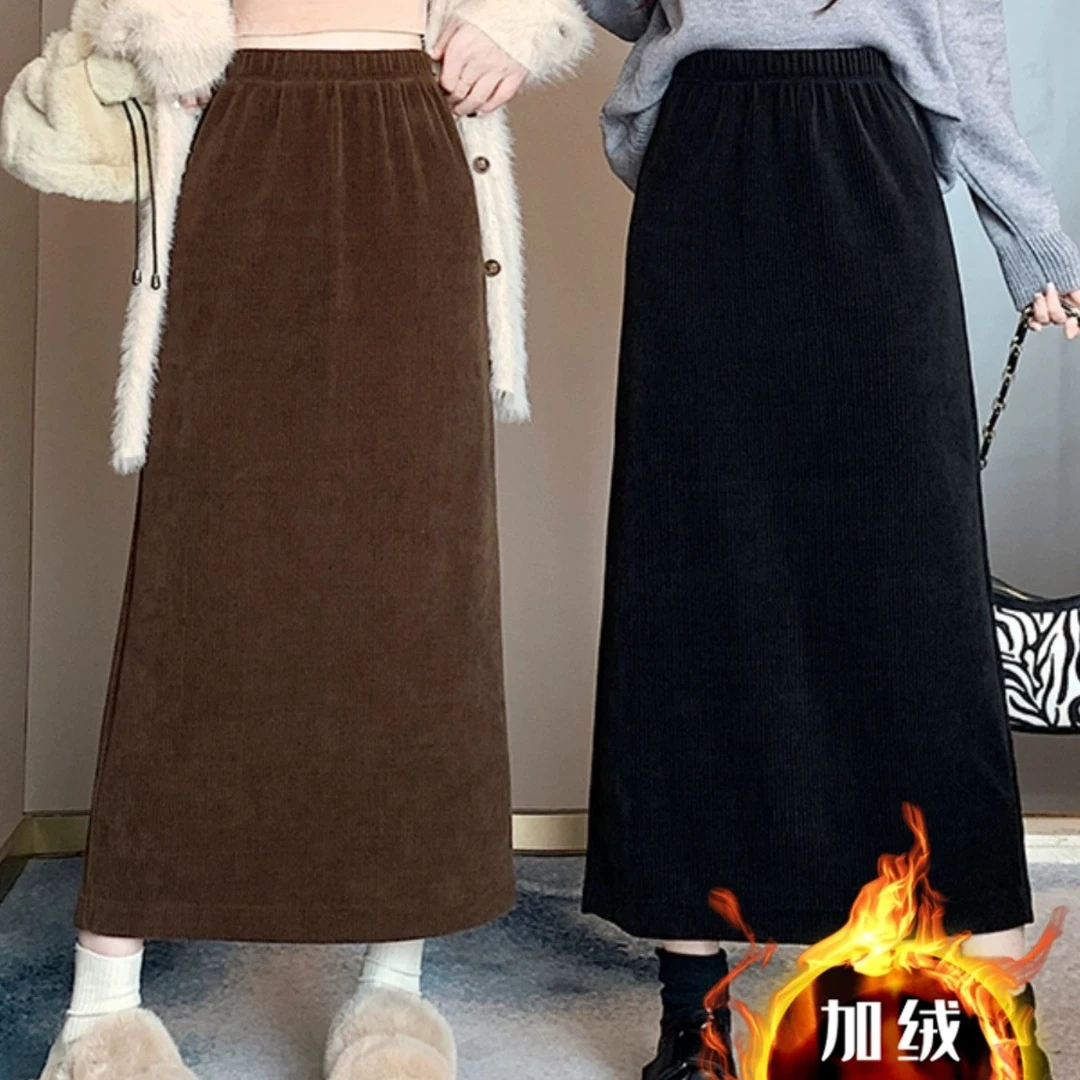 加绒加厚半身裙韩版显瘦高腰女春秋冬季新款开叉直筒休闲中长裙女