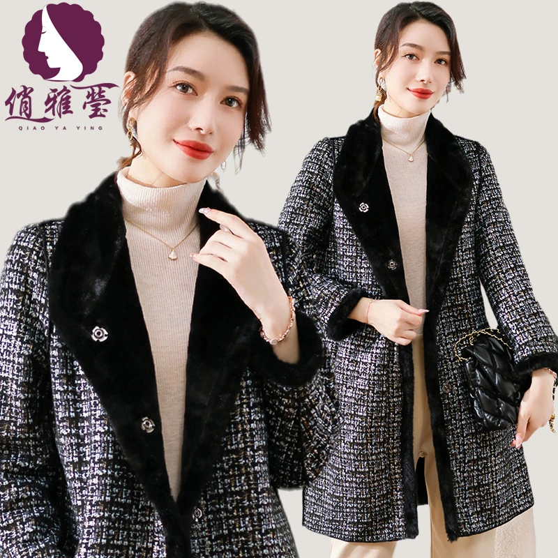 俏雅莹妈妈装秋冬人造呢子外套皮毛一体中长款保暖中老年女装大衣