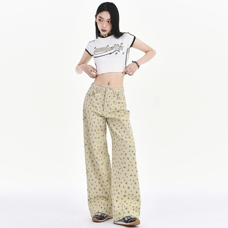 复古港风小清新碎花阔腿牛仔裤女夏季新款高腰宽松显瘦直筒拖地裤