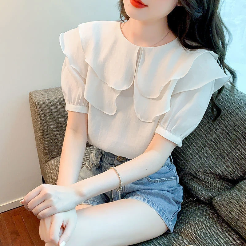 夏季2024新款甜美双层荷叶边领短袖衬衫泡泡袖减龄百搭雪纺小衫