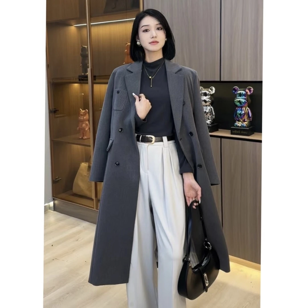 欧颍昇女春秋新款复古时尚气质宽松长款西装外套休闲百搭大衣821