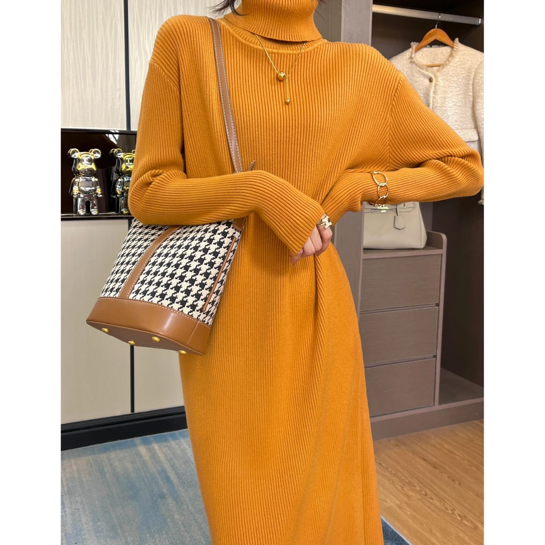 欧颍昇【高领针织毛衣裙】女秋冬季长袖气质针织打底裙中长裙子953