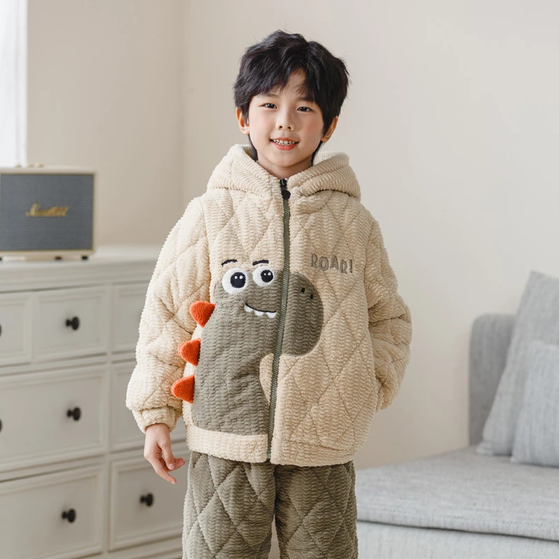 男童睡衣冬季三层夹棉儿童卡通珊瑚绒冬款加厚保暖家居服男孩套装