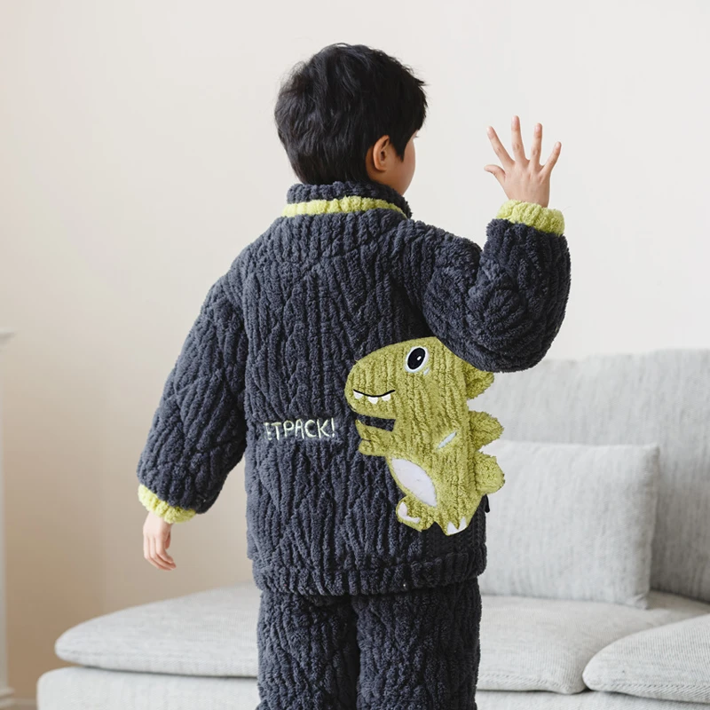 儿童睡衣冬季三层夹棉男童卡通珊瑚绒加绒加厚保暖家居服男孩套装