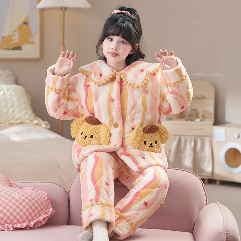 2024新款女童睡衣冬季款三层夹棉加绒加厚珊瑚绒法兰绒儿童家居服