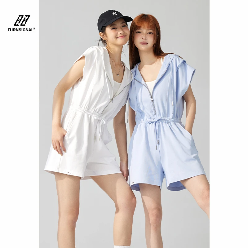 TURNSIGNAL潮牌连体裤女夏季薄款收腰连帽休闲运动短袖短裤套装