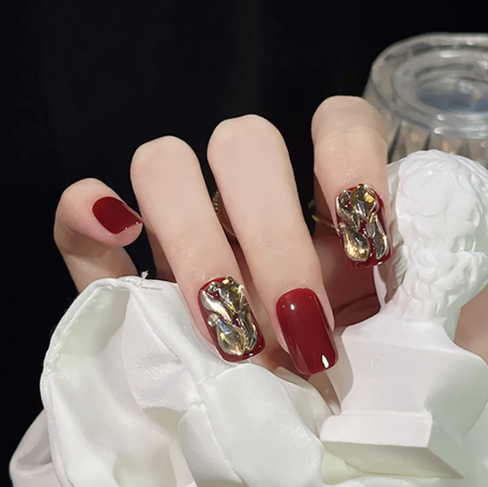 （中长款） 酒红镶钻高级感穿戴甲可穿戴美甲穿戴式美甲贴片假指甲