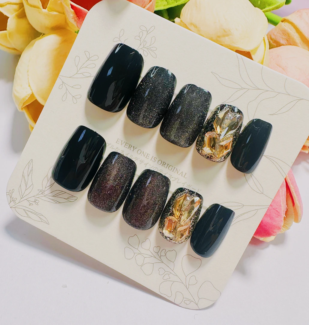 （短款）穿戴式指甲贴黑闪香槟钻美甲高级感穿戴甲显白假指甲可拆卸